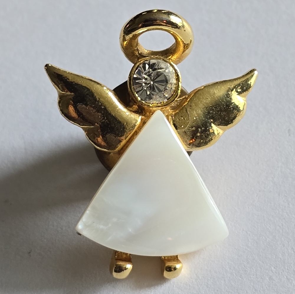 Angel pin white mother of pearl brooch gold tone clear gem angle christian